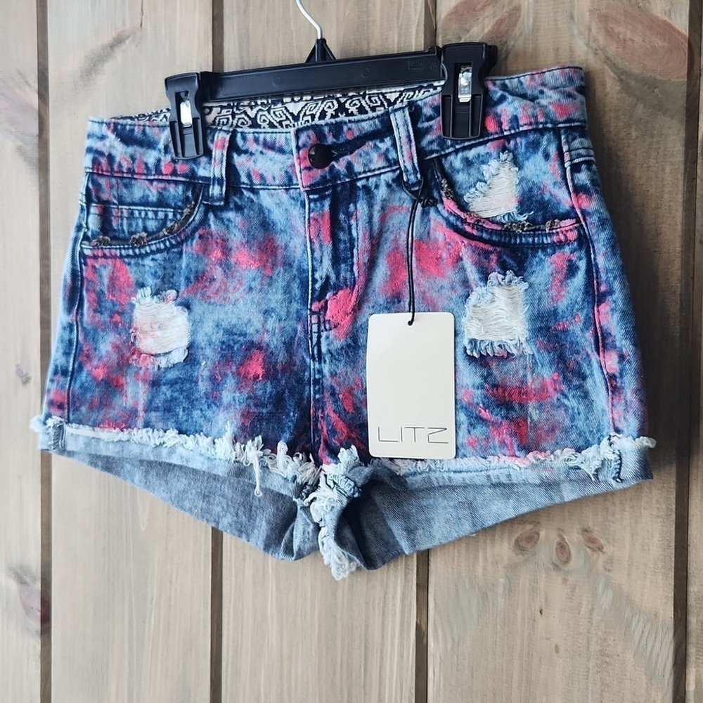 LITZ cut off denim jean shorts decorated, sz S,NWT